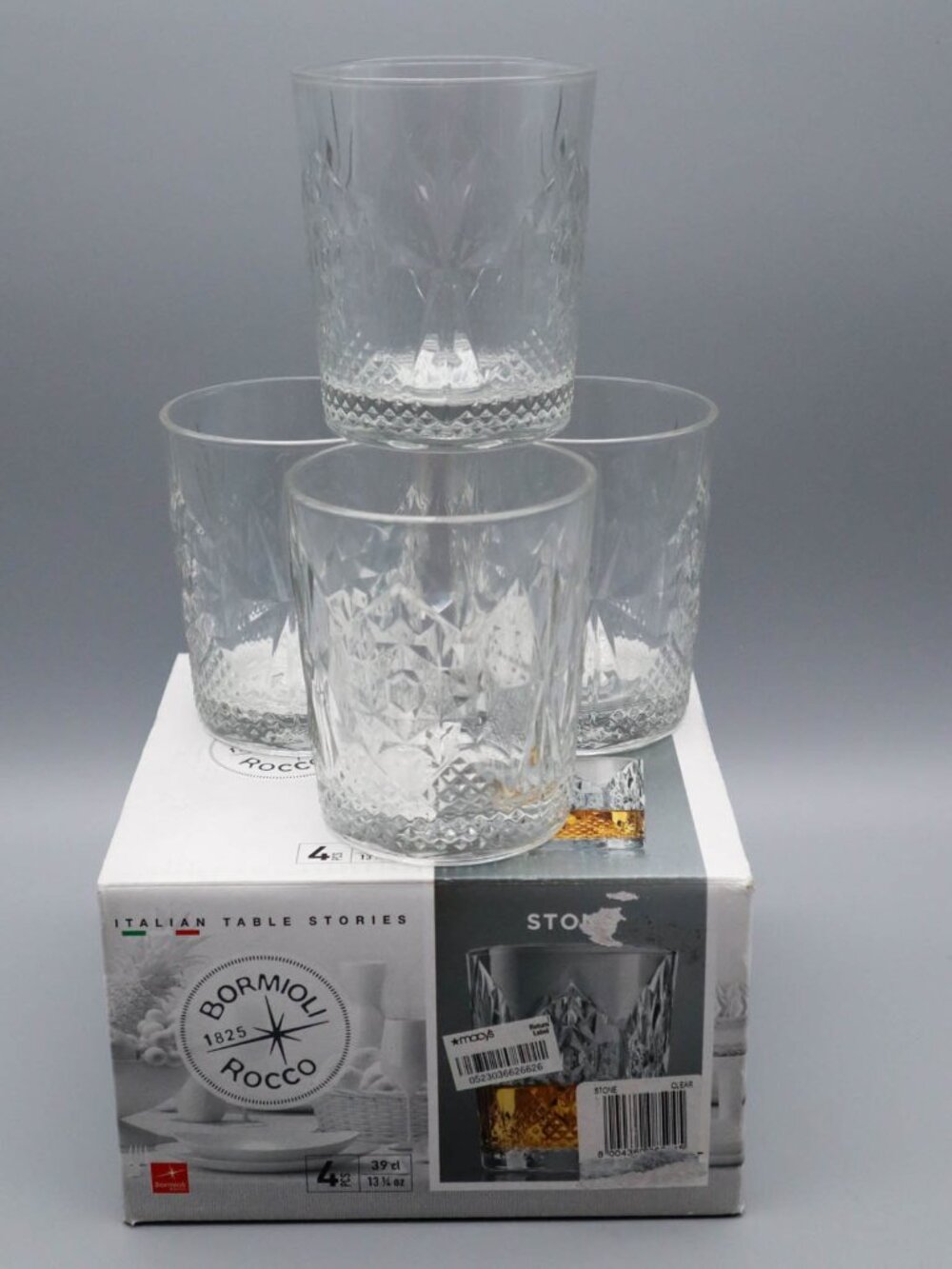 4 Bormioli Rocco Italian Crystal Whiskey Rocks Cocktail Glasses Stone 13.5oz
